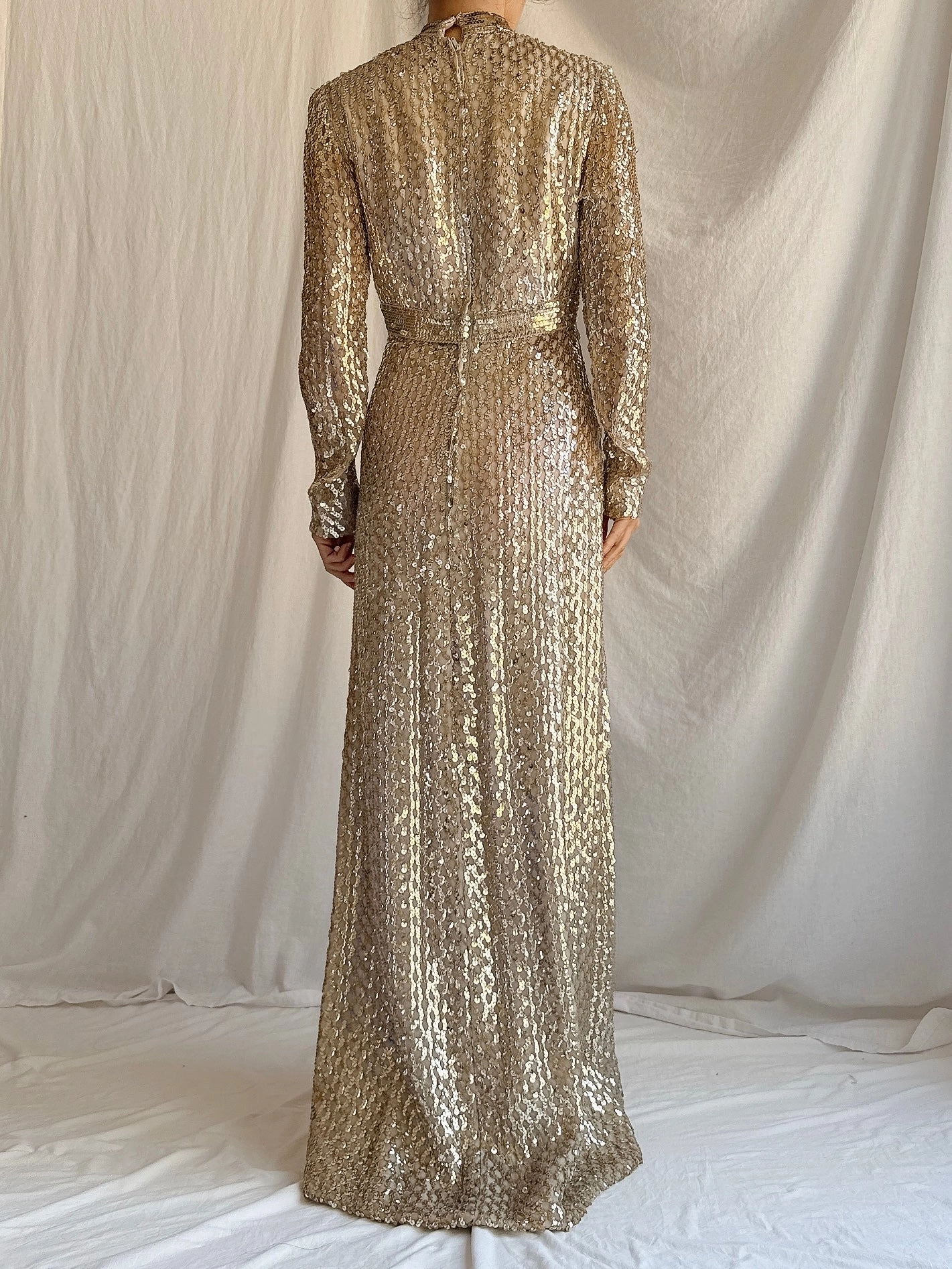 1960s Taupe Sequins Gown Taupe/Gold - S