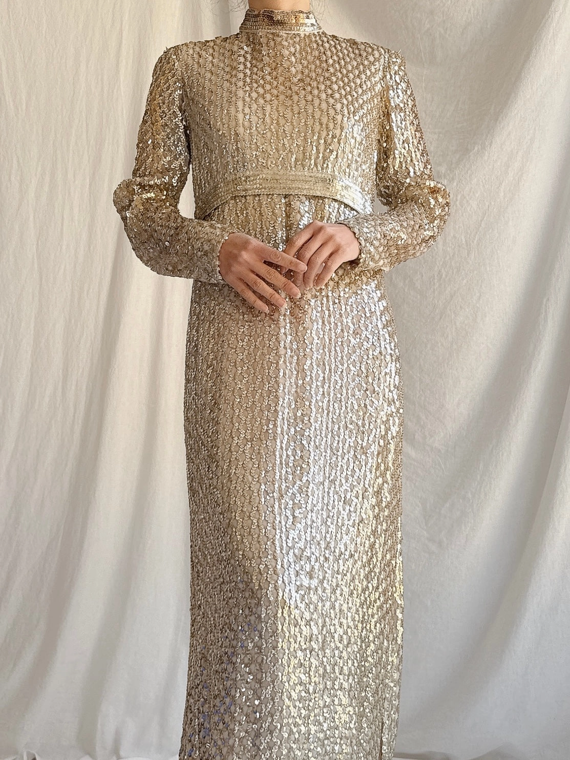 1960s Taupe Sequins Gown Taupe/Gold - S