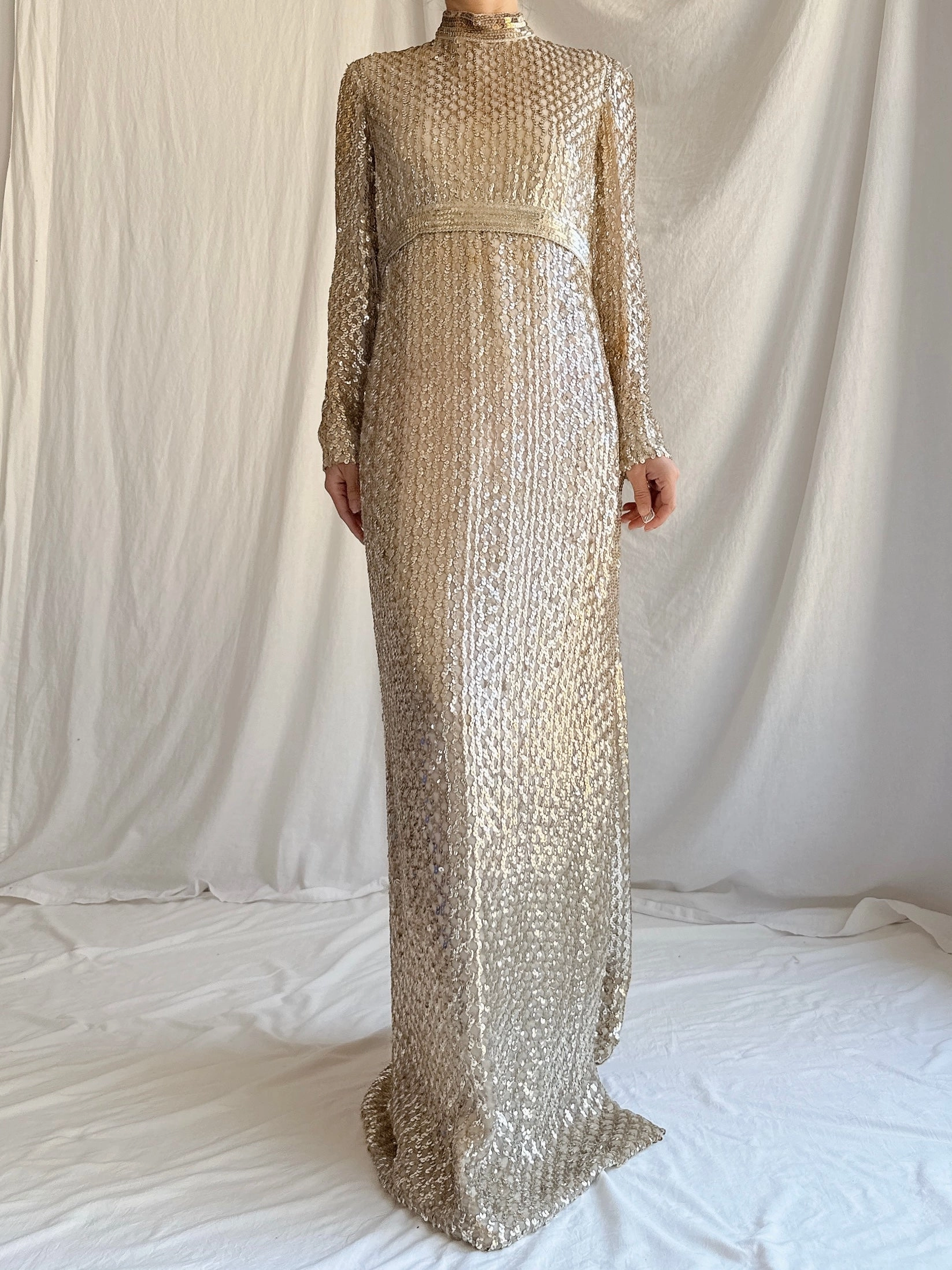 1960s Taupe Sequins Gown Taupe/Gold - S