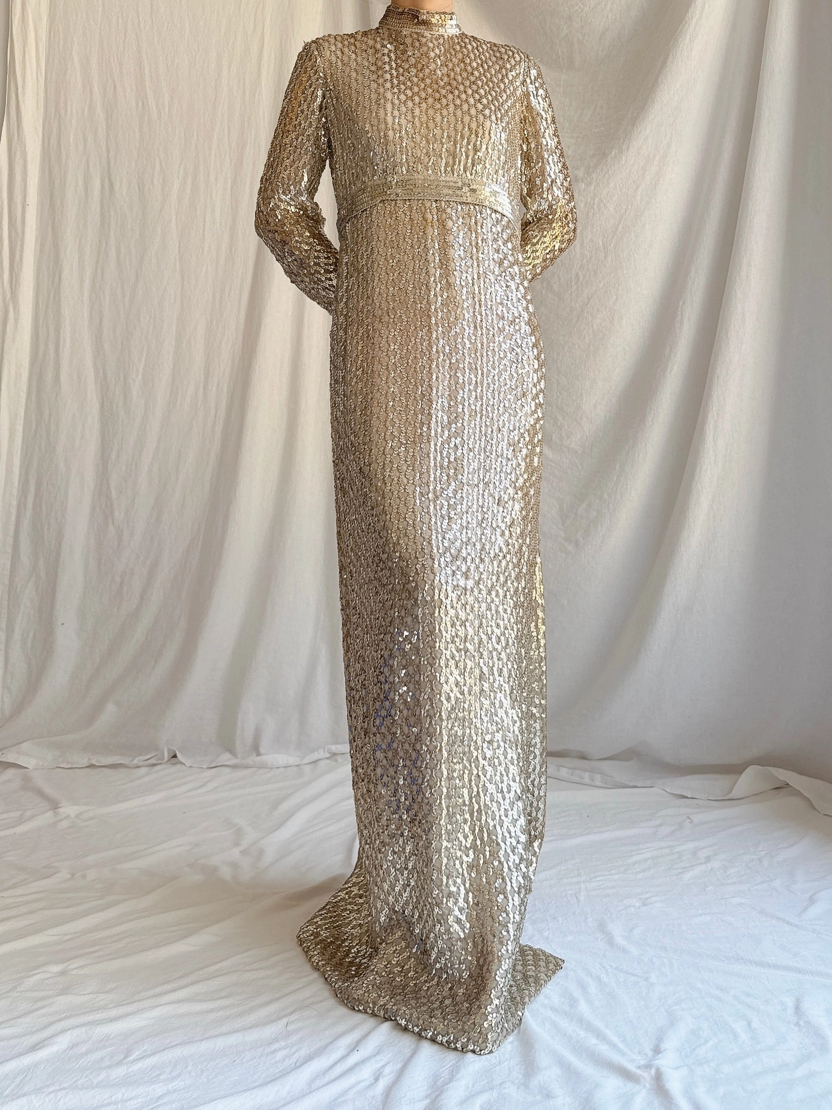 1960s Taupe Sequins Gown Taupe/Gold - S