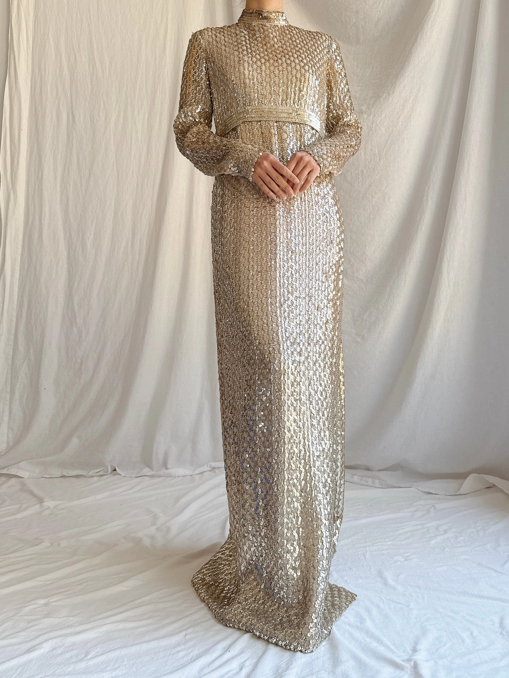 1960s Taupe Sequins Gown Taupe/Gold - S