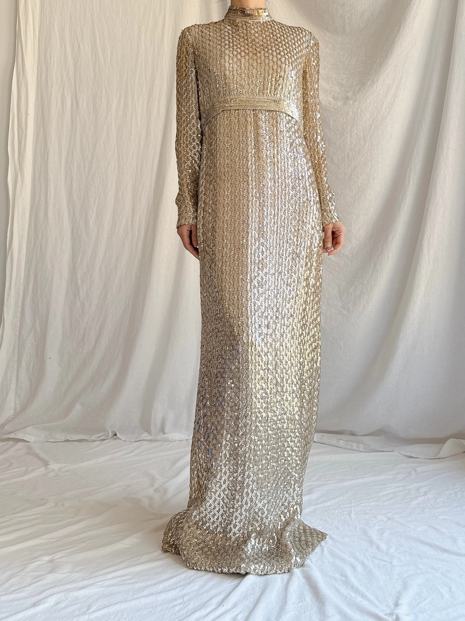 1960s Taupe Sequins Gown Taupe/Gold - S
