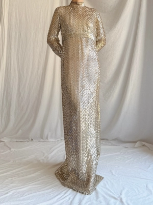 1960s Taupe Sequins Gown Taupe/Gold - S