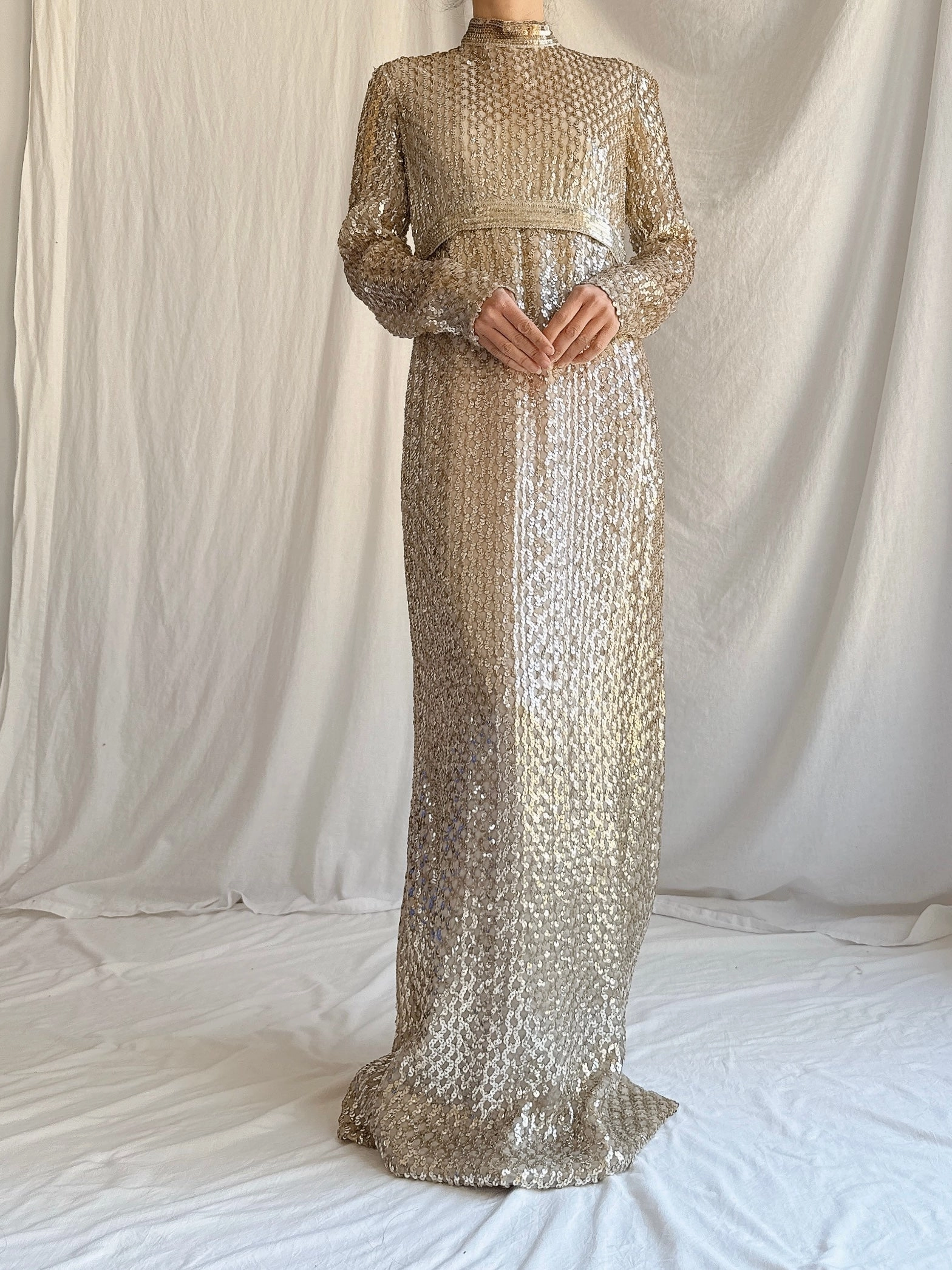 1960s Taupe Sequins Gown Taupe/Gold - S