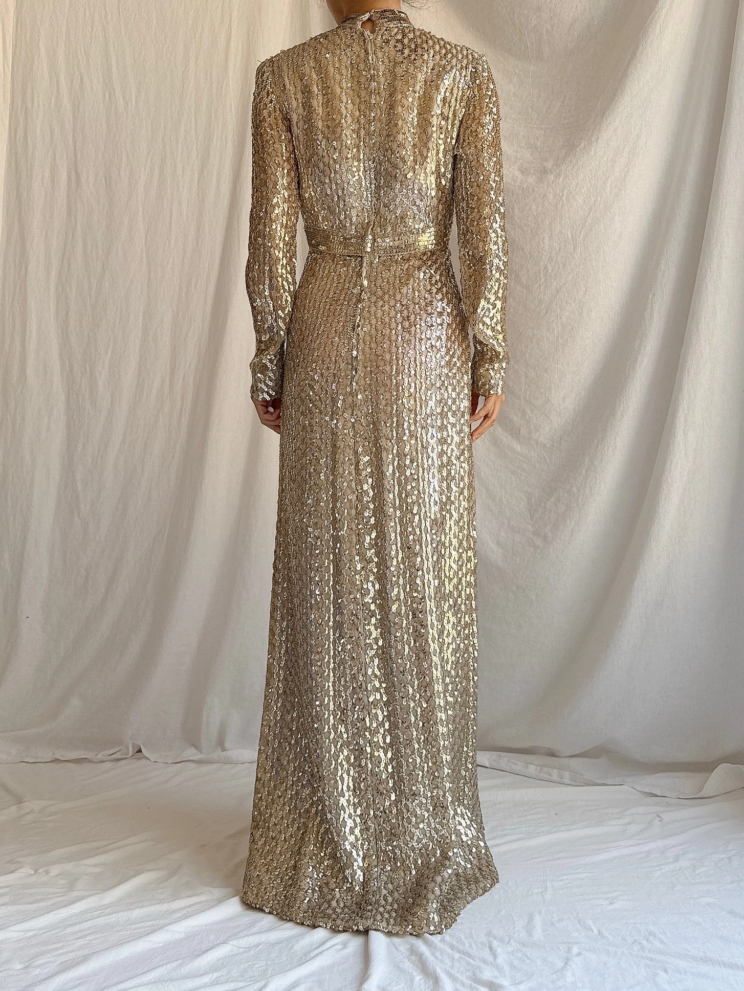 1960s Taupe Sequins Gown Taupe/Gold - S