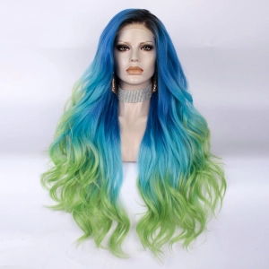 Blue to Green Ombre Dark Root Long Loose Wave Synthetic Lace Front Wig