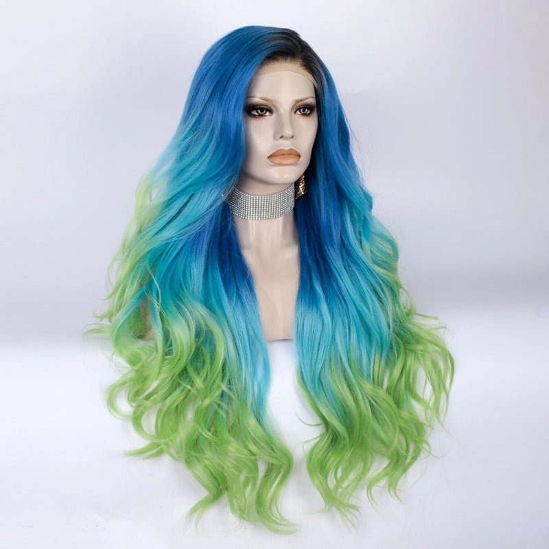 Blue to Green Ombre Dark Root Long Loose Wave Synthetic Lace Front Wig