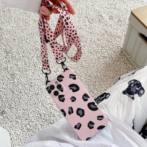 For iPhone 13 Cat Ear Leopard Print TPU Straight Edge Phone Case with Lanyard