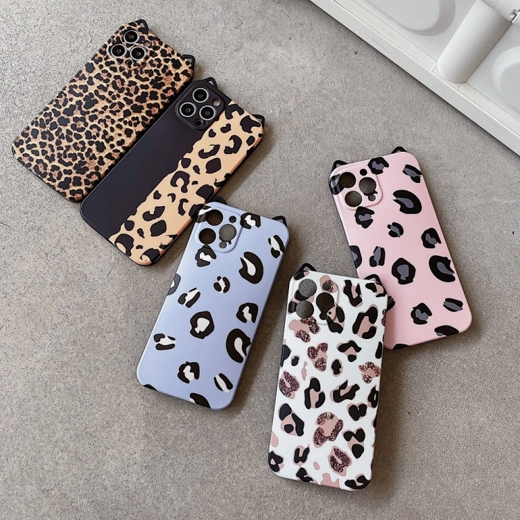 For iPhone 13 Cat Ear Leopard Print TPU Straight Edge Phone Case with Lanyard