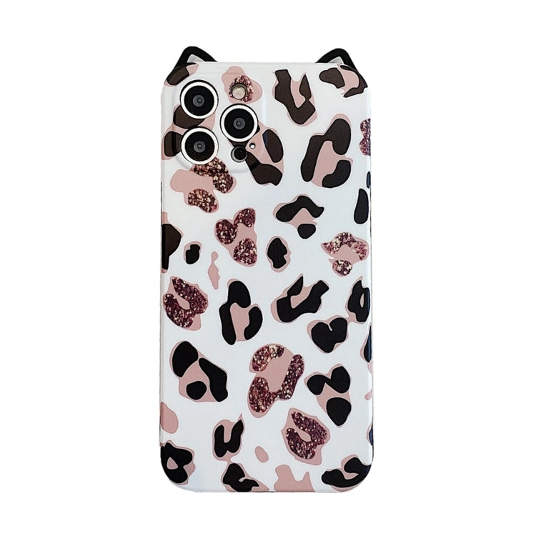For iPhone 13 Cat Ear Leopard Print TPU Straight Edge Phone Case with Lanyard