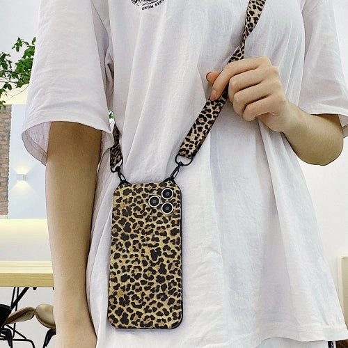 For iPhone 13 Cat Ear Leopard Print TPU Straight Edge Phone Case with Lanyard
