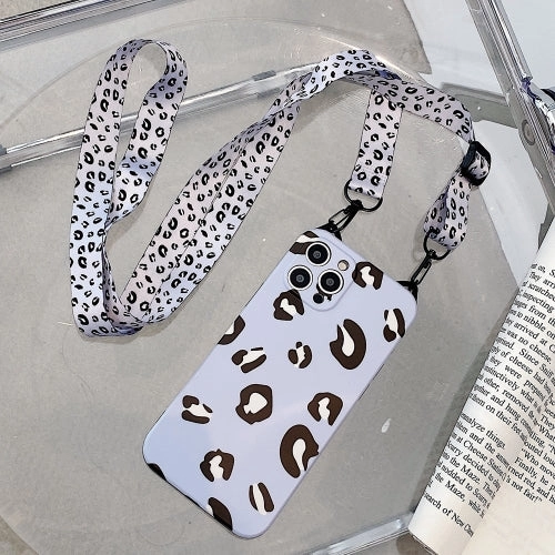 For iPhone 13 Cat Ear Leopard Print TPU Straight Edge Phone Case with Lanyard