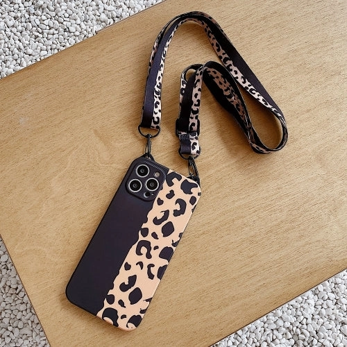 For iPhone 13 Cat Ear Leopard Print TPU Straight Edge Phone Case with Lanyard