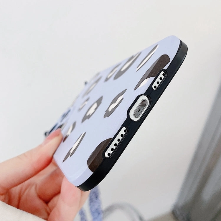 For iPhone 13 Cat Ear Leopard Print TPU Straight Edge Phone Case with Lanyard