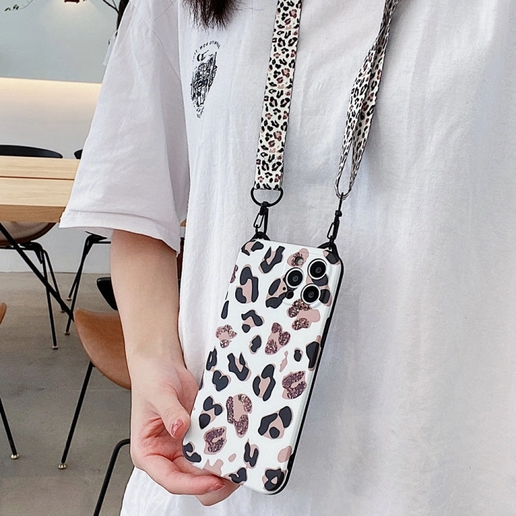 For iPhone 13 Cat Ear Leopard Print TPU Straight Edge Phone Case with Lanyard