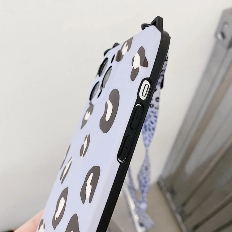 For iPhone 13 Cat Ear Leopard Print TPU Straight Edge Phone Case with Lanyard