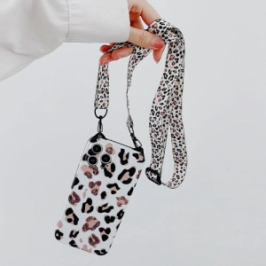 For iPhone 13 Cat Ear Leopard Print TPU Straight Edge Phone Case with Lanyard