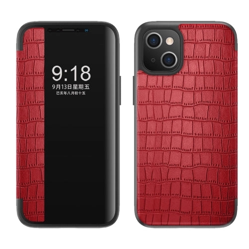 For iPhone 13 Crocodile Texture Windows View Horizontal Flip Leather Case