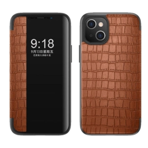For iPhone 13 Crocodile Texture Windows View Horizontal Flip Leather Case