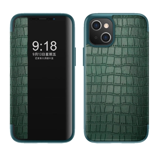 For iPhone 13 Crocodile Texture Windows View Horizontal Flip Leather Case