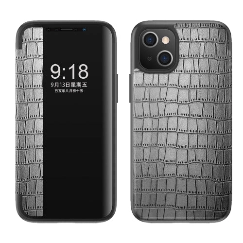 For iPhone 13 Crocodile Texture Windows View Horizontal Flip Leather Case