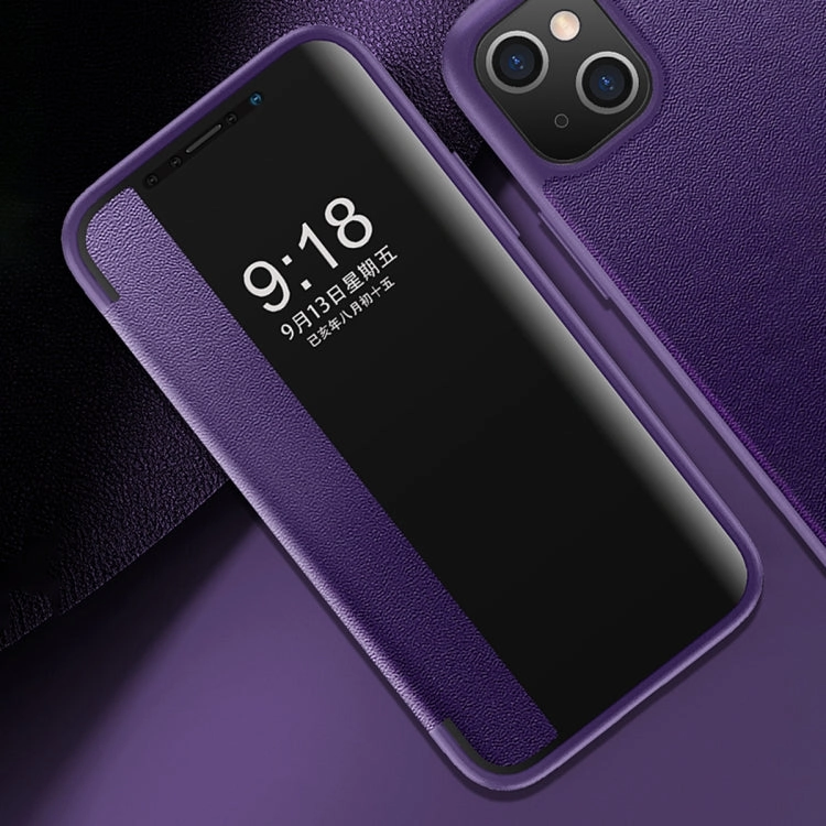 For iPhone 13 Magnetic Side Window View Shockproof Horizontal Flip Leather Case