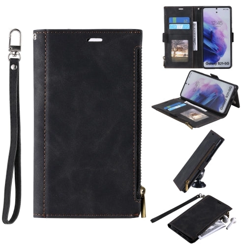 For Samsung Galaxy S21  5G Side Zipper Back Card Horizontal Flip PU Leather Case with Card Slots