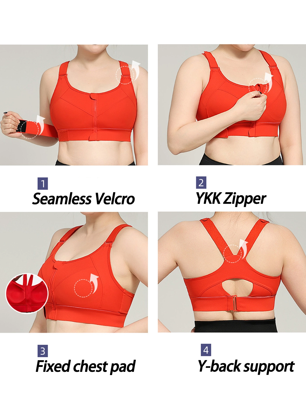 Front Zipper High-Impact Running Sports Bra with Velcro