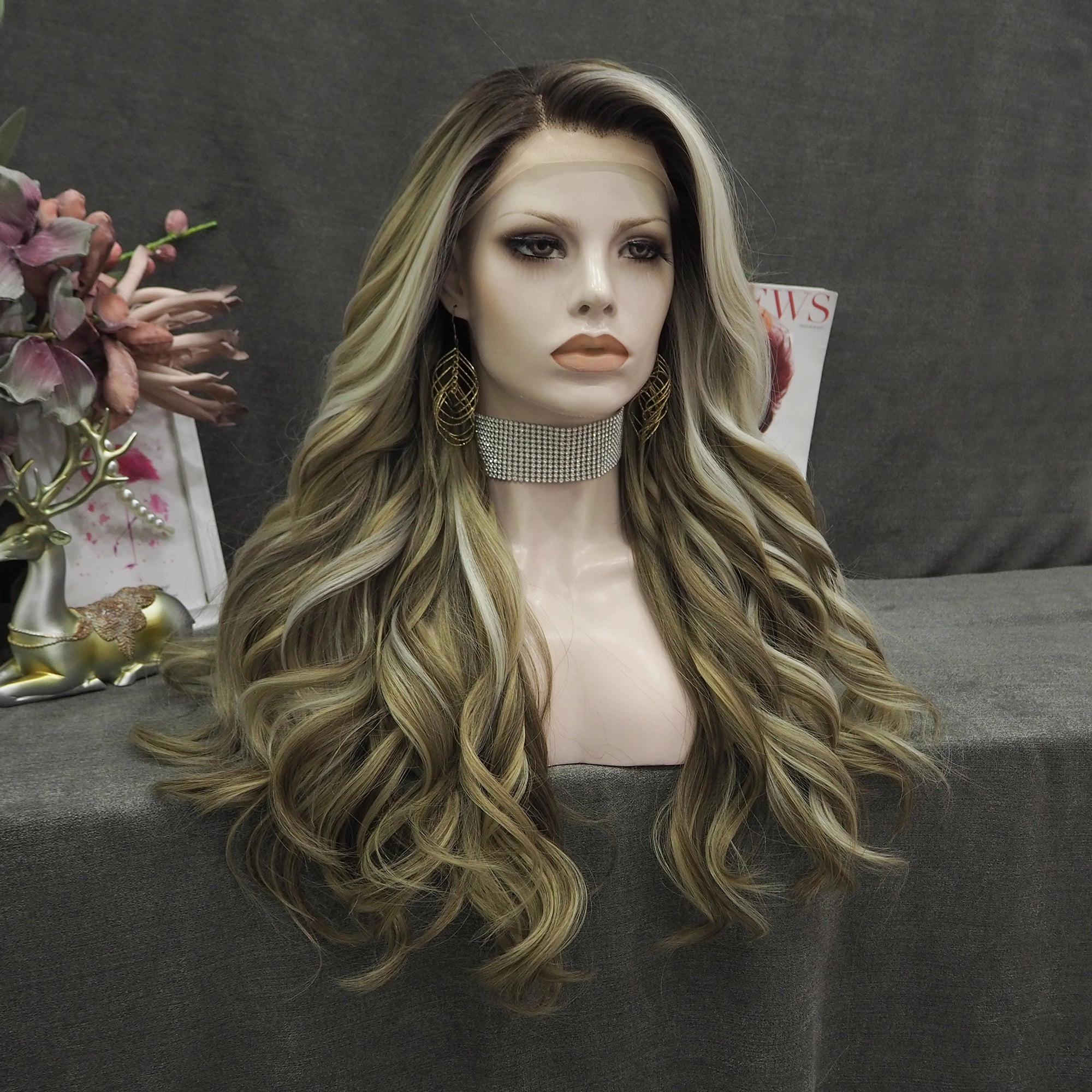 Imstyle-Sandra-brown and blonde with highlight wavy 26inches with no parting synthetic lace front wig