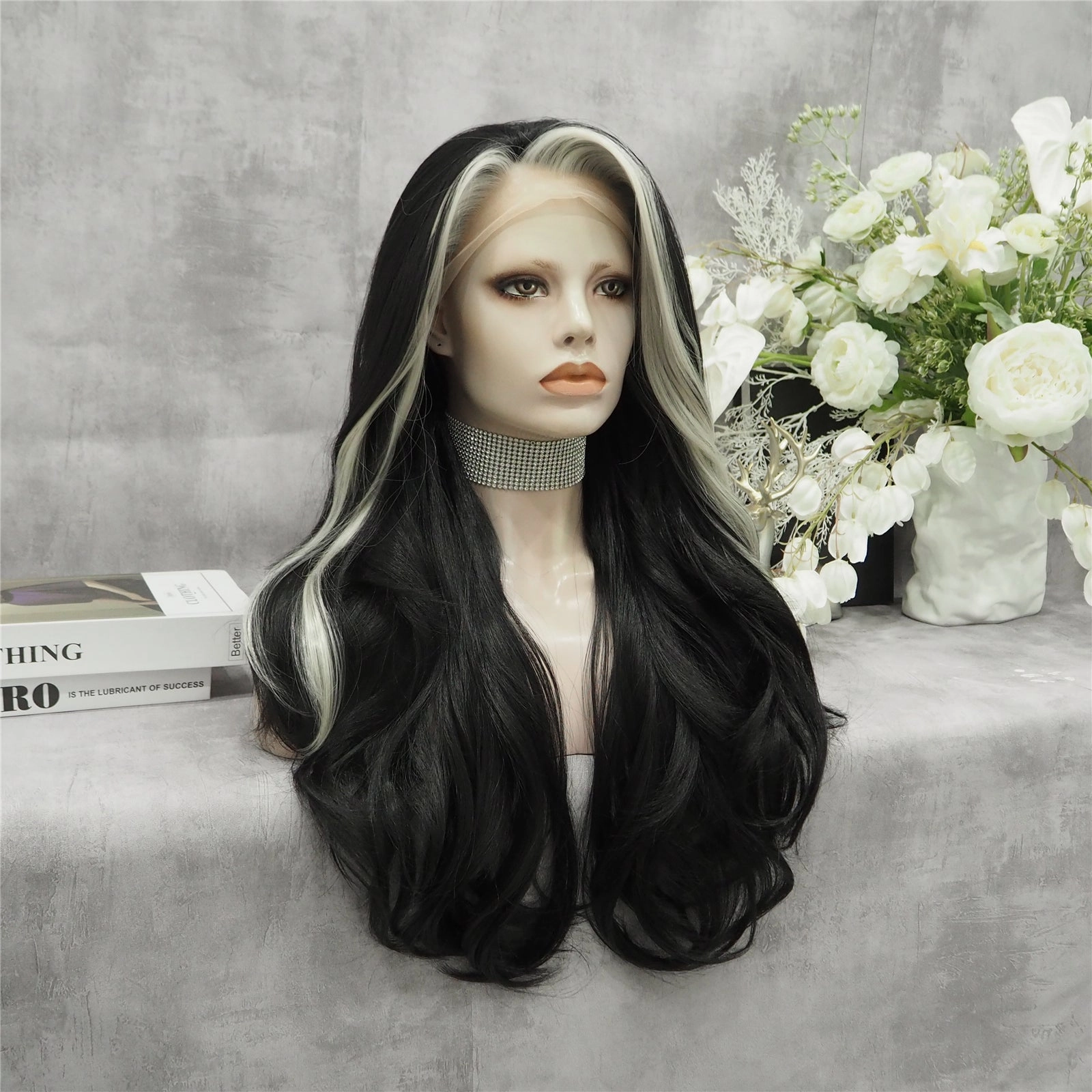 Morticia Black With White Highlights Long Wave Synthetic Lace Front Imstyle Wig