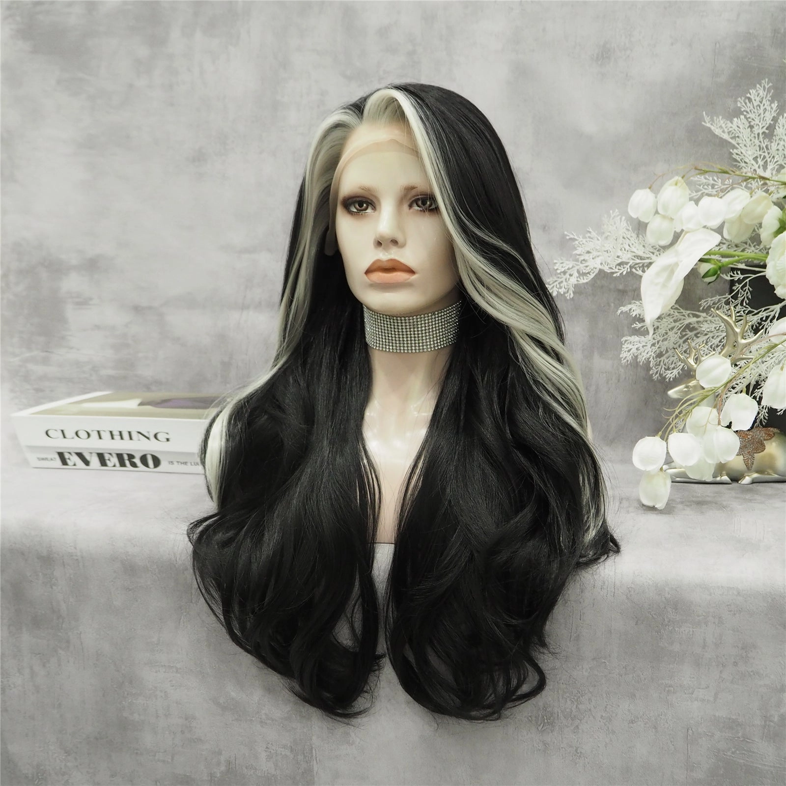 Morticia Black With White Highlights Long Wave Synthetic Lace Front Imstyle Wig