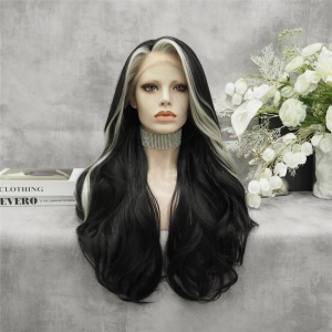 Morticia Black With White Highlights Long Wave Synthetic Lace Front Imstyle Wig