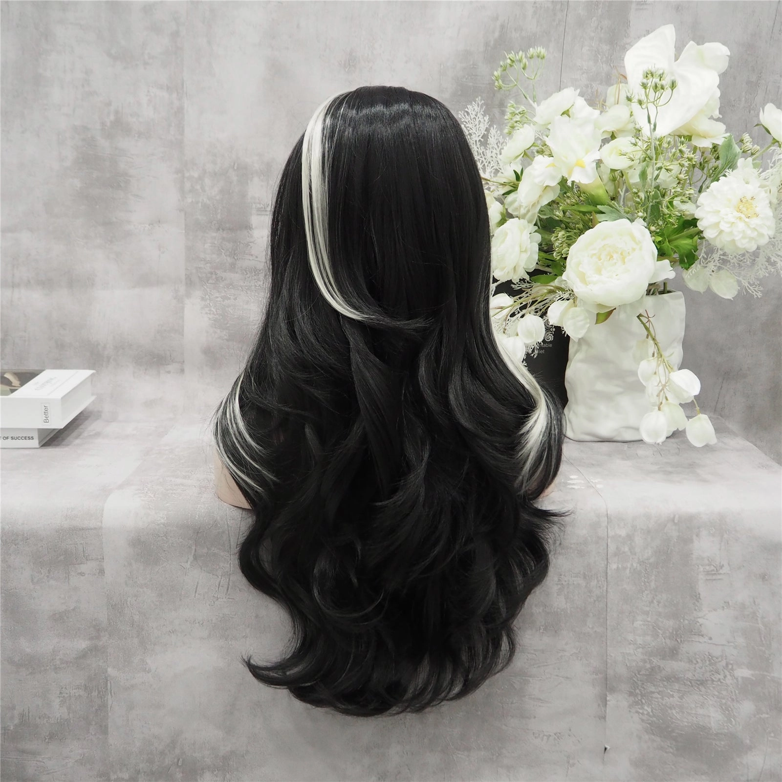 Morticia Black With White Highlights Long Wave Synthetic Lace Front Imstyle Wig