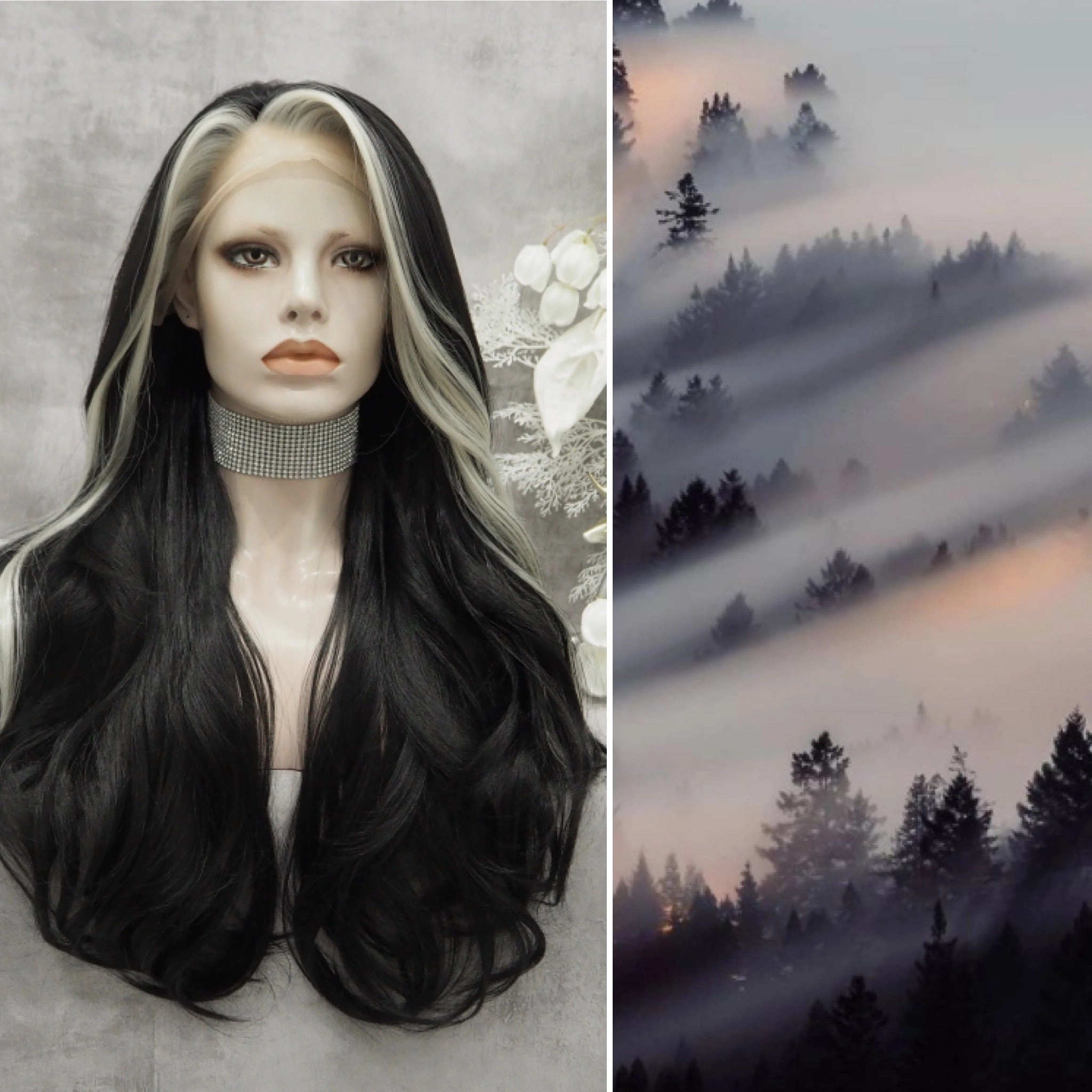 Morticia Black With White Highlights Long Wave Synthetic Lace Front Imstyle Wig