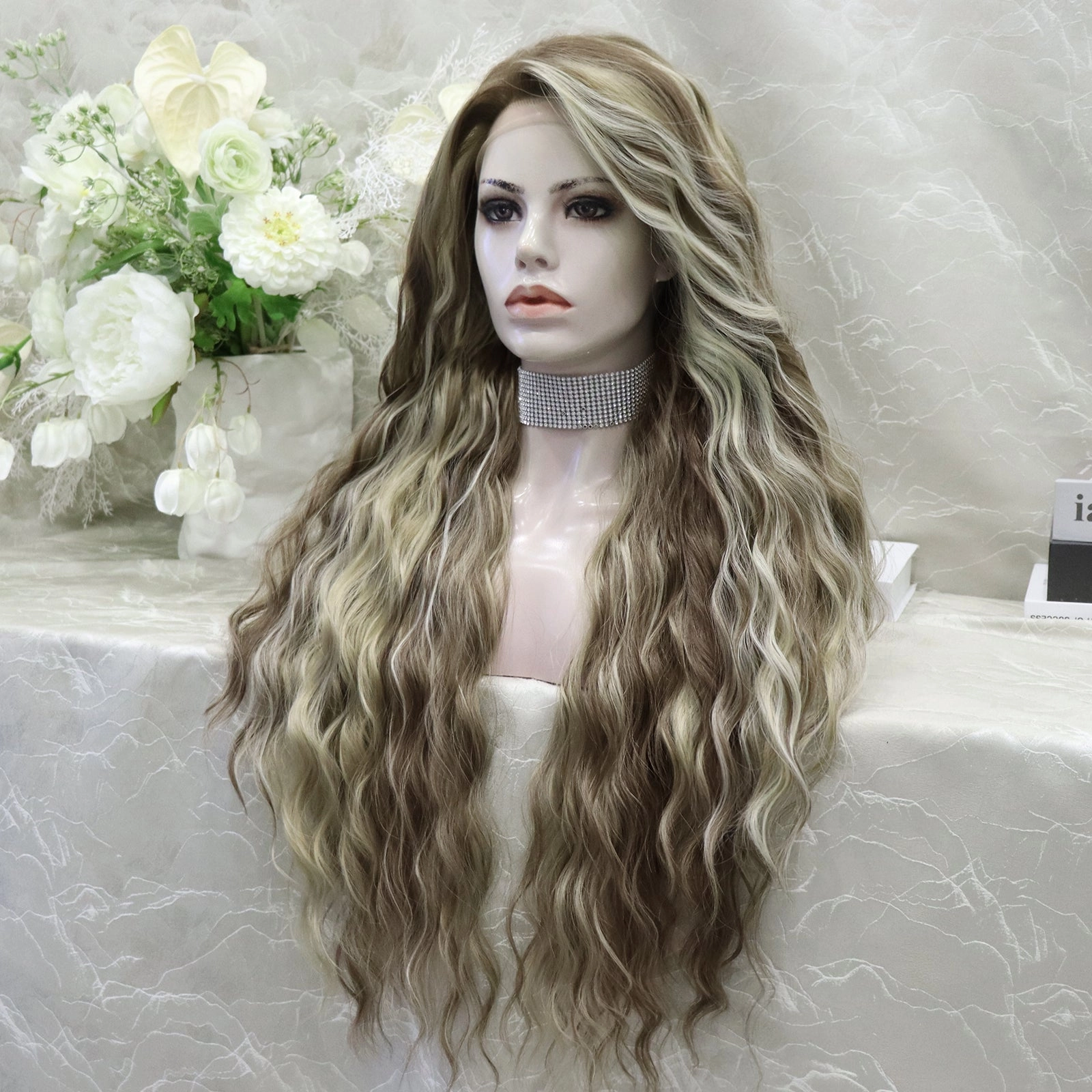PRE-ORDER Emmy loose water wavy with brown and blonde highlight free parting(13*4) 28 inches lace front wig