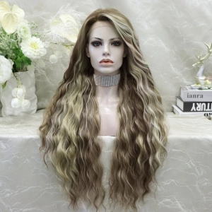 PRE-ORDER Emmy loose water wavy with brown and blonde highlight free parting(13*4) 28 inches lace front wig