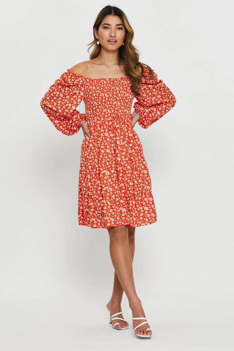 Print Mini Dress Off Shoulder