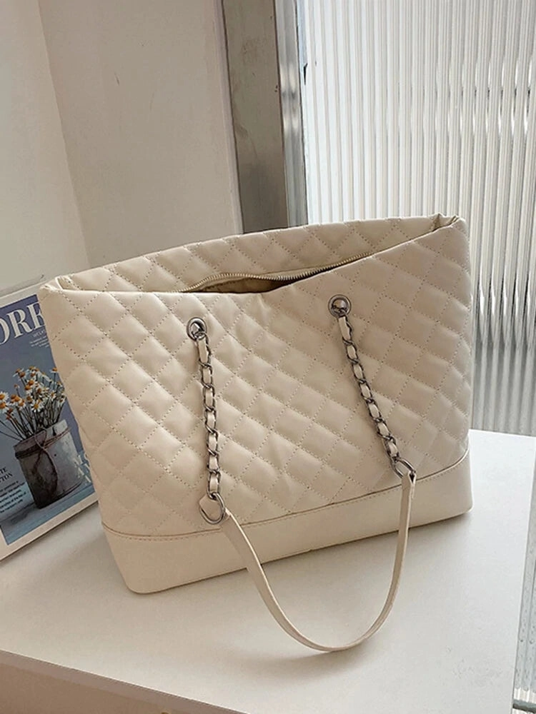 Simple Casual Large Capacity Check Metal Chain Tote Bag