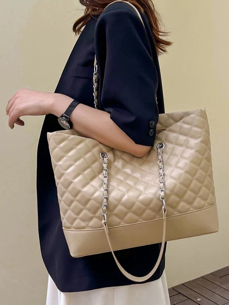 Simple Casual Large Capacity Check Metal Chain Tote Bag