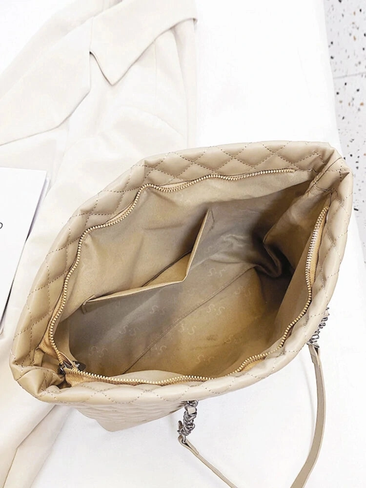 Simple Casual Large Capacity Check Metal Chain Tote Bag