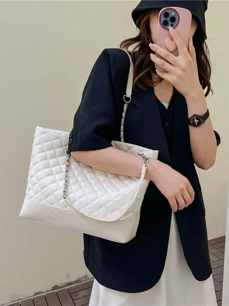 Simple Casual Large Capacity Check Metal Chain Tote Bag