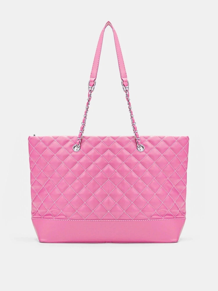 Simple Casual Large Capacity Check Metal Chain Tote Bag