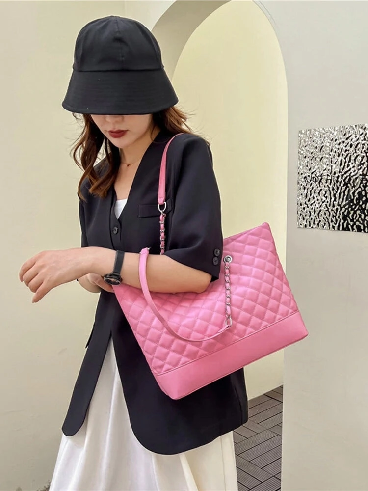 Simple Casual Large Capacity Check Metal Chain Tote Bag