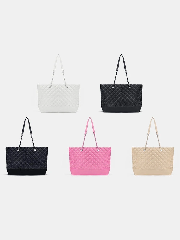 Simple Casual Large Capacity Check Metal Chain Tote Bag