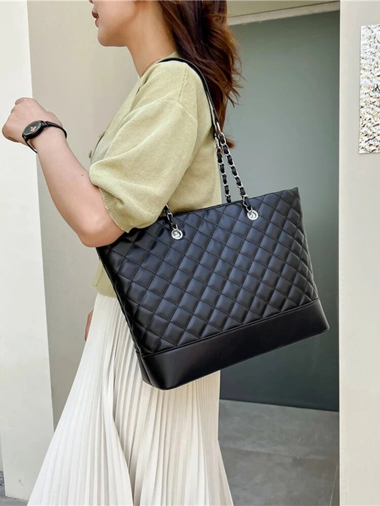 Simple Casual Large Capacity Check Metal Chain Tote Bag