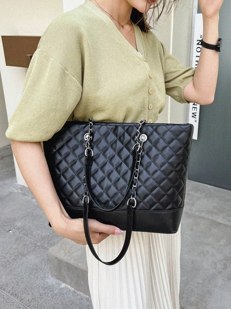 Simple Casual Large Capacity Check Metal Chain Tote Bag