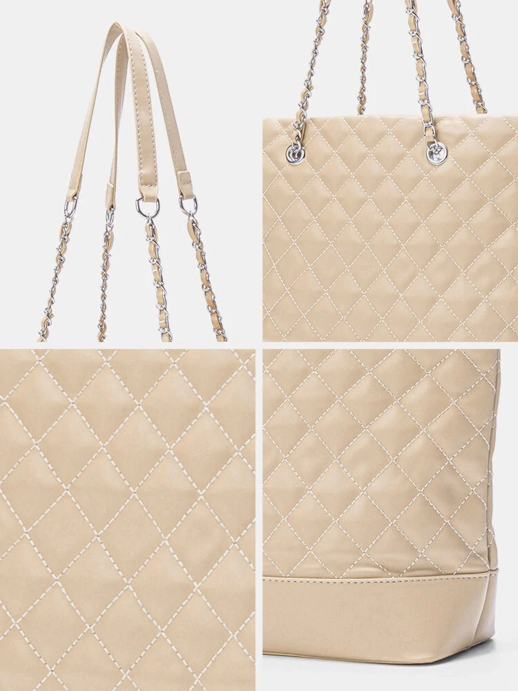 Simple Casual Large Capacity Check Metal Chain Tote Bag