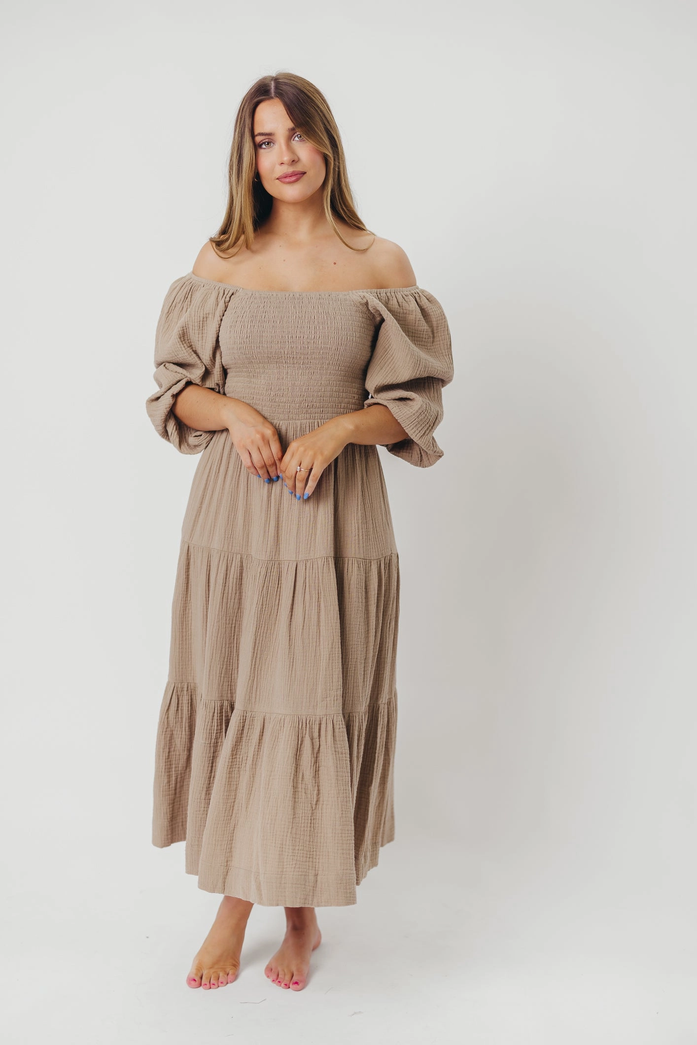Taylor Cotton Smocked Midi Dress with Tiered Skirt in Pumice - Inclusive Sizing