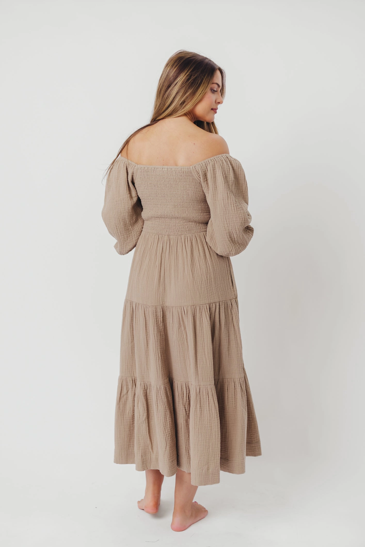 Taylor Cotton Smocked Midi Dress with Tiered Skirt in Pumice - Inclusive Sizing