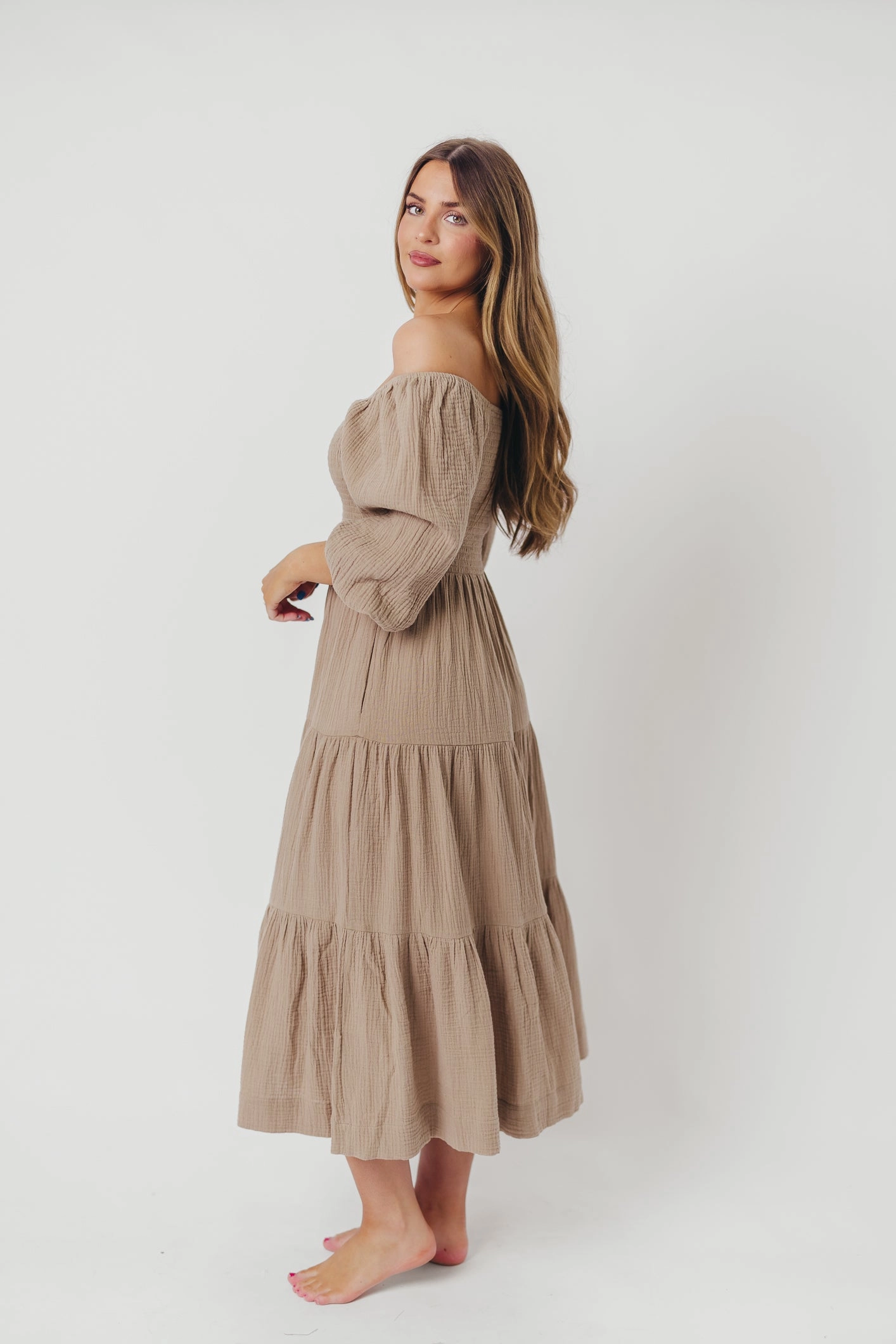 Taylor Cotton Smocked Midi Dress with Tiered Skirt in Pumice - Inclusive Sizing